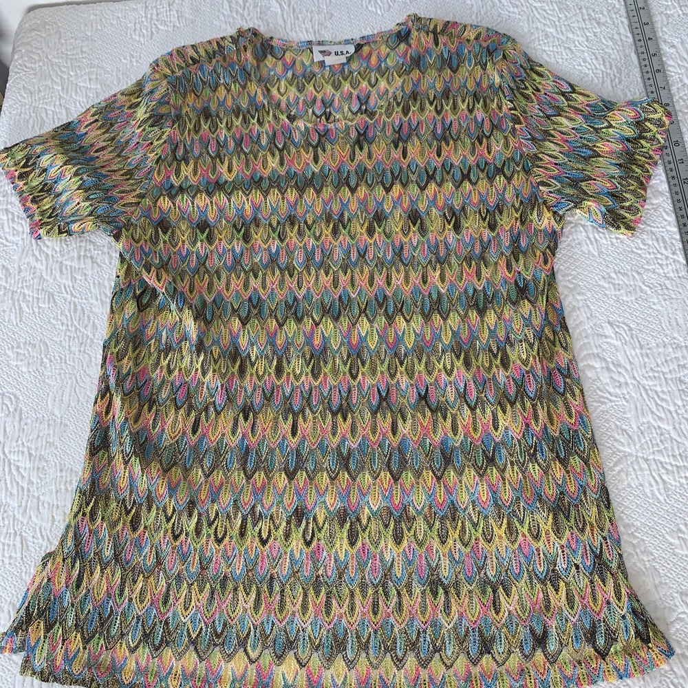 crochet‎ women's Boho blouse Vintage Top Cover Up Sheer Dress Rainbow Colorful